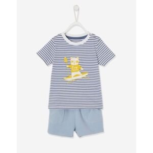 Vertbaudet Ensemble Short Et T-Shirt Rayé Bébé - Bleu Jean Rayé